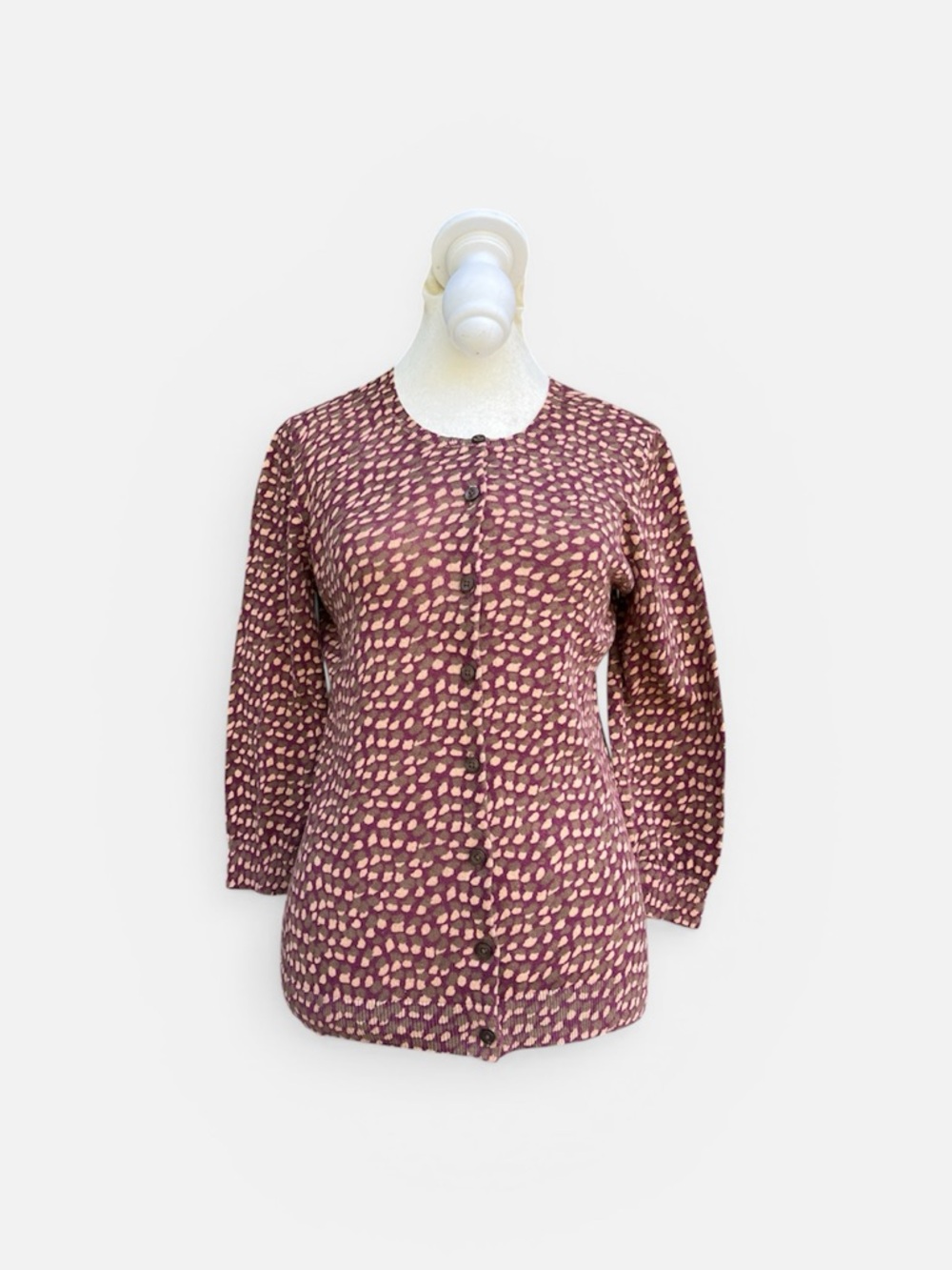 ANN TAYLOR Button Front Crew Neck Printed Lightweight Knit Cardigan Sz S